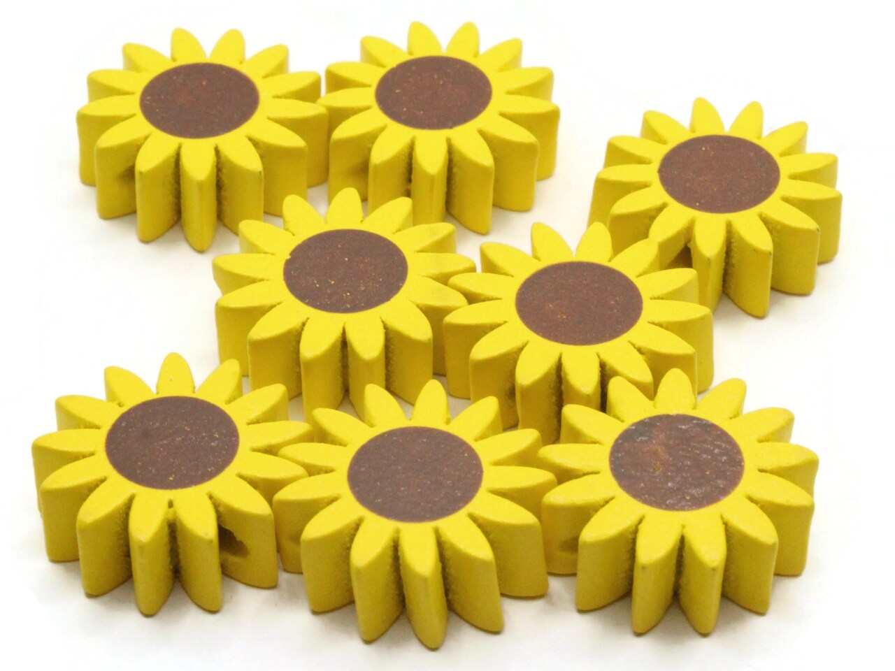 8 21mm Sunflower Beads Yellow Flower with Brown Center Flat Floral Wood Beads